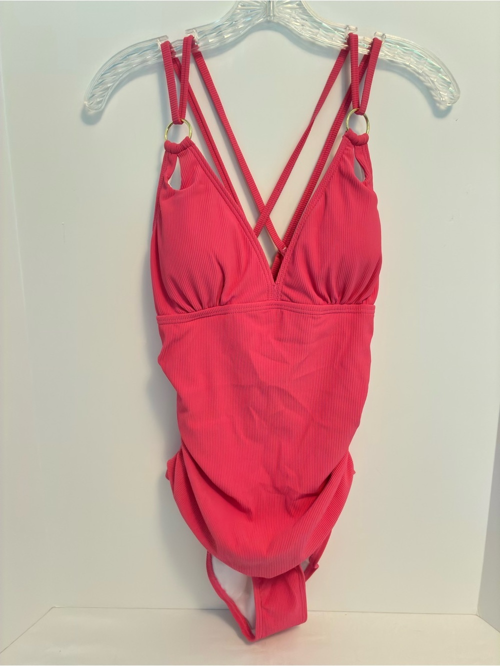 Charmo Tummy Control Ribbed Ruched V-Neck One Piece Swimsuit Pink Size L New